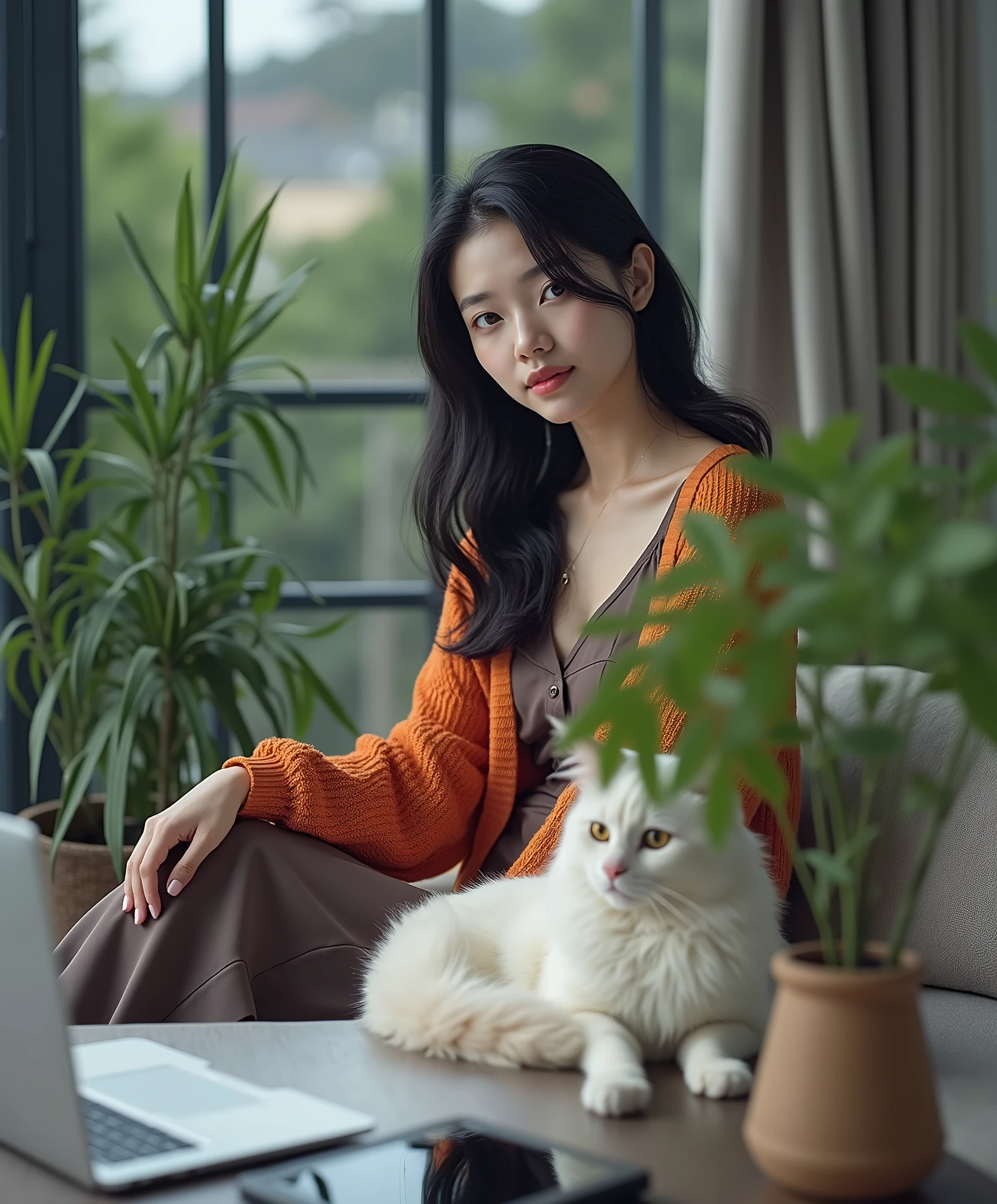 beautiful korean girl, Smooth white skin, A well-groomed face, A thin smile., Straight black hair tied up, Orange-red knitted sweater, Dark brown jumpsuit, Sitting on the sofa with a big white Angora cat., On the table there is an iPhone and a laptop., Luxurious room background , There is a sofa., Air conditioning in luxury rooms, Looks authentic, The photos look real and realistic.