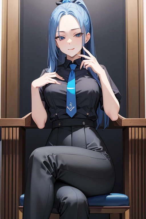 (masterpiece) (Highest quality) Meimei Tight clothing Blue hair Blue tie Black clothing Black pants Blue tie over black clothing Less exposed Tongue sticking out Tongue hanging down Making a circle with fingers Sitting in a chair Legs crossed Wavy bone structure Thin waist Thighs Ponytail Tired face Thick thighs 2 Taller 