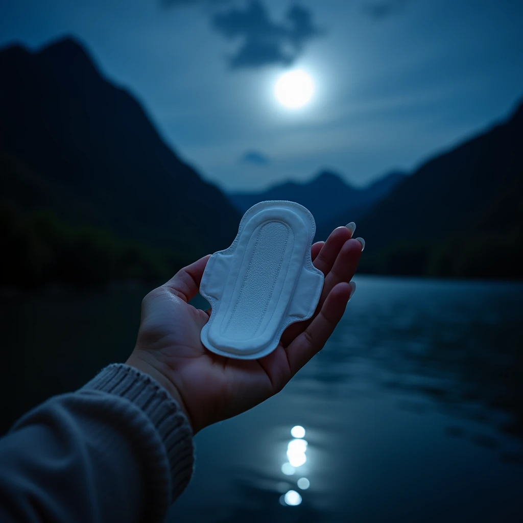 original size women's sanitary pads is on a woman's hand it's dark outside at midnight, full moon night, moonlight drops on the hand, the river and beautiful night scenery can be seen in the background