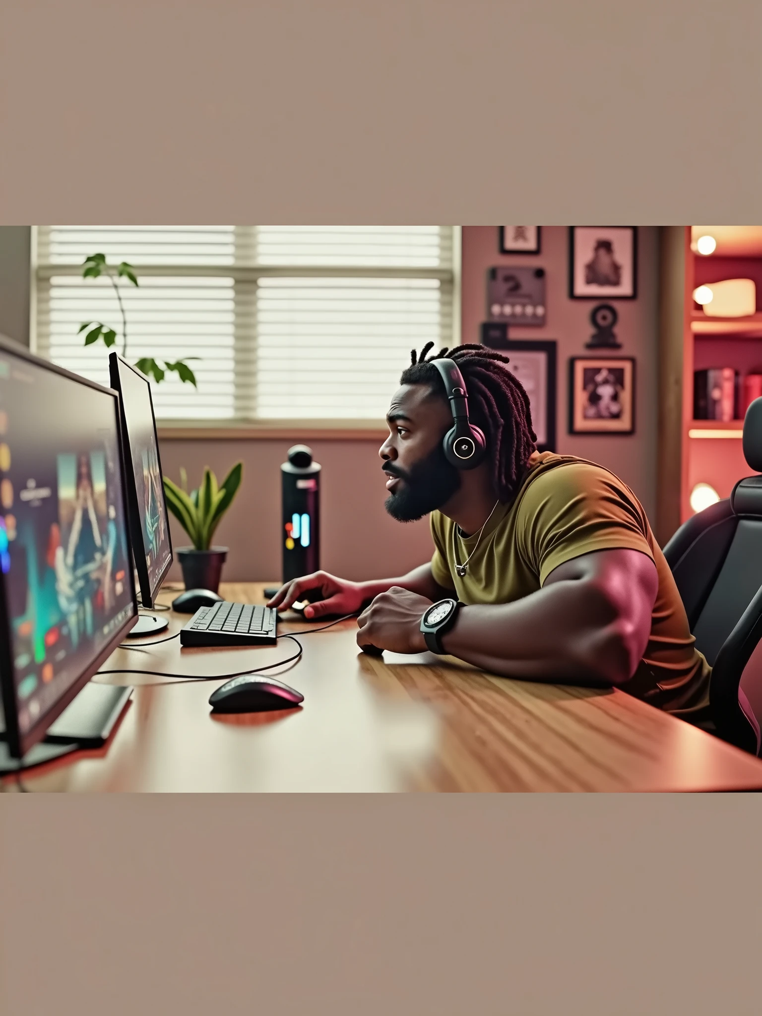 African American man with dreads with athletic build playing video games in his man cave at night at his desk while streaming. Wearing an olive green tshirt. Camera angle is from behind him, looking over his shoulder. We see the back of his head as He is looking onward at the monitor as he plays. Room is dark and illuminated by his monitor and rgb lights. He has in ear monitors in his ears