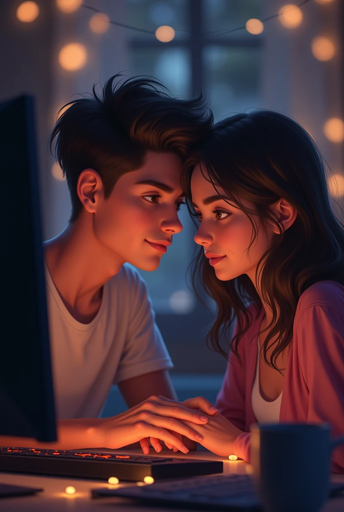 boy named tomas, playing league of legends, with his beautiful girlfriend, who loves her very much