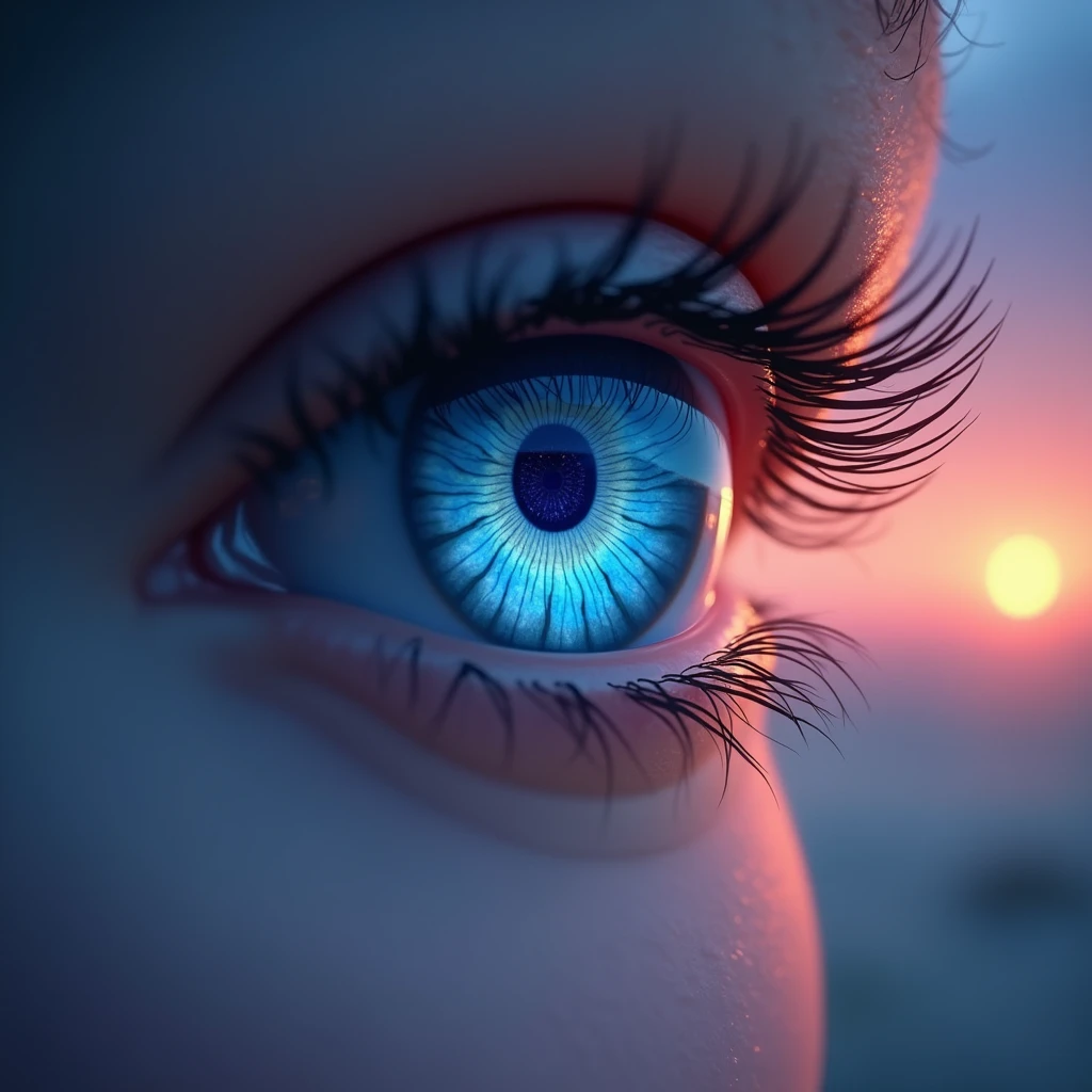 one eyes, cerulean, with reflection towards the sunset
