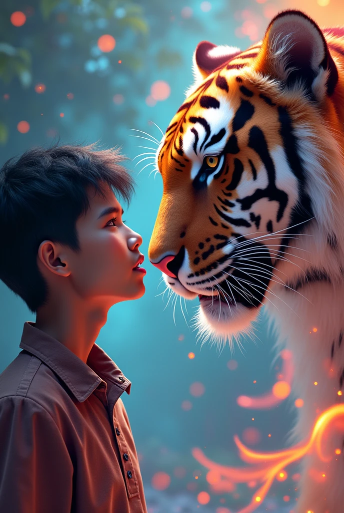 a young man from Indonesia with light skin wearing a kameja, with a tiger, niji vision, high quality