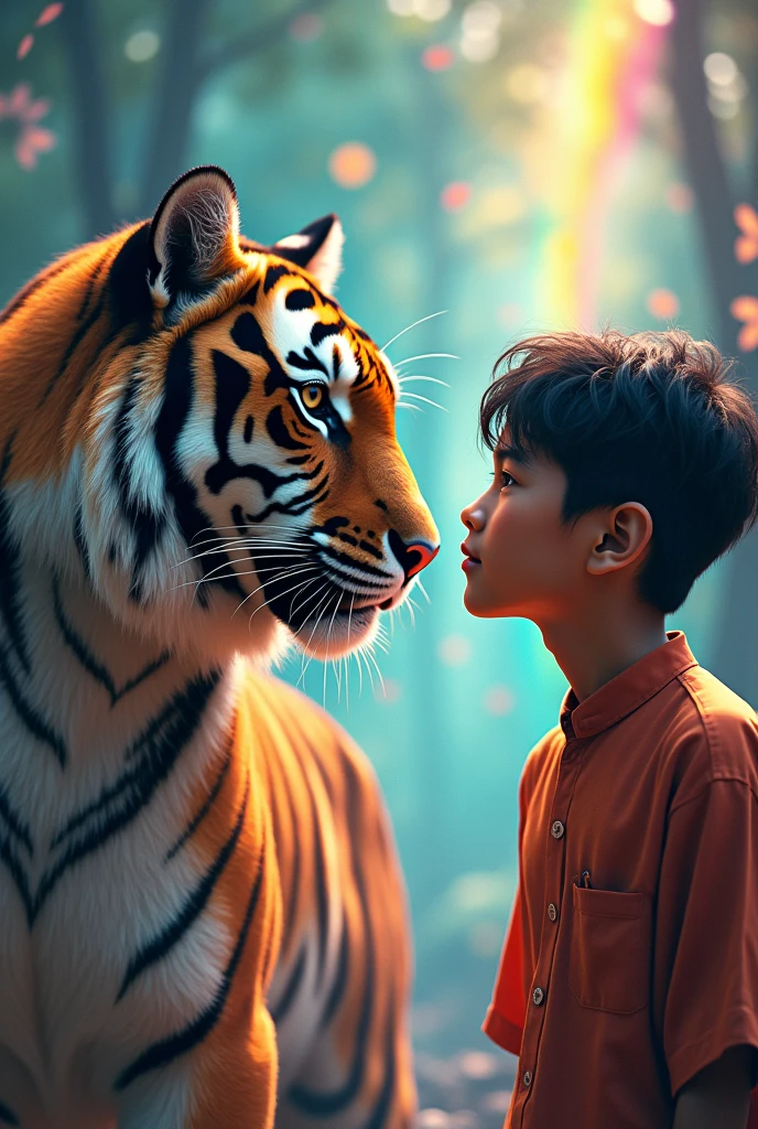 a young man from Indonesia with light skin wearing a kameja, with a tiger, niji vision, high quality