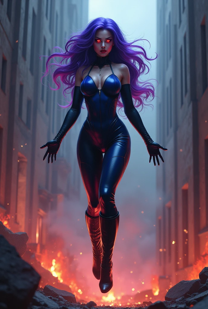 A beautiful super powered villainess with purple and blue hair and glossy red lips. Her eyes are emanating red energy with barely contained power and rage. She is wearing a skintight blue and black full sleeve microdress and black mid calf high boots. Floating over the still burning ruins of the Hall of Justice. She is strangling Superman with her bare hands.