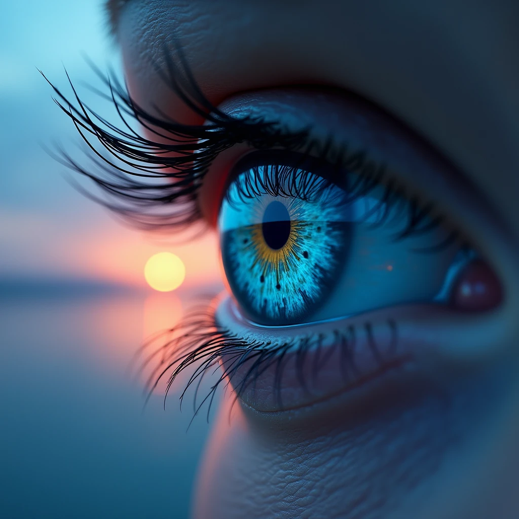 one eyes, cerulean, with reflection towards the sunset




