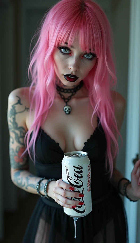 (best quality, ultra-detailed, photorealistic: 1.6), An cinematic photo an goth girl with bright and vibrant colors, studio lighting, romantic expression, with a delicate and beautiful face. Beautiful gothic girl with her with long pink hair matches the gothic makeup, (Skinny anorexic body:1.9), long skinny legs, small tits, (flat chested), her ice blue eyes and mischievous black parted lips, with small seductive breasts, cleavage, Punk-style Gothic dark pink hair, skull necklace, Big beautiful eyes, bright ice white eyes, sparkeling white blue eyes, dark goth make up, super long eye lashes , goth. She have a horny face, Pink red Lipstic, ( (she is holdling an white Coca cola can with the TEXT " CocaCola DADDYS CUM")), White Cola can, beige white cocacola can, ( white translucent goo slime is dripping from here mouth), (white translucent goodripping down och the white cocacola can), translucent liquid dripping down, the can is wet and with lots of white tranlusent goo, like a manwha character, chain details,, walking in leaning pose in the apartment hallway, seductive cleavage, photorealitic, fully body, like a manwha character