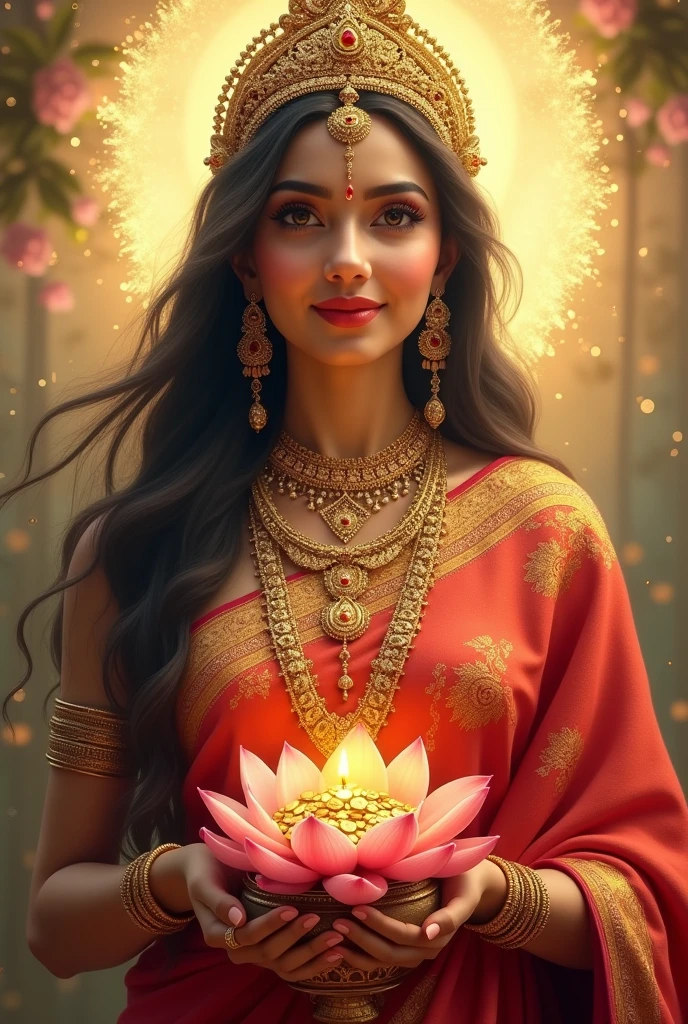 "Create an ultra-realistic image of Goddess Lakshmi, the epitome of beauty and prosperity, holding a pot full of golden coins and a blooming lotus. She should be depicted with radiant, flawless skin, glowing with a divine light. Her face should be exquisitely beautiful, with large, almond-shaped eyes filled with kindness and grace, a perfectly shaped nose, and serene lips forming a gentle, welcoming smile. Her long, dark hair should cascade down in soft waves, adorned with a delicate crown or headdress intricately designed with jewels.
Goddess Lakshmi should be dressed in a richly embroidered saree in vibrant shades of red and gold, symbolizing wealth and auspiciousness. Her jewelry should be luxurious, including layered necklaces, earrings, and bangles that sparkle with divine light. In one hand, she should hold a beautifully decorated pot overflowing with golden coins, symbolizing abundance and prosperity. In the other hand, she should hold a blooming lotus, representing purity, beauty, and spiritual enlightenment.
The background should feature a serene, celestial setting, perhaps with a golden glow and soft, ethereal light surrounding her. The atmosphere should exude a sense of peace, prosperity, and divine grace, capturing the essence of Goddess Lakshmi’s beauty and the blessings she bestows."