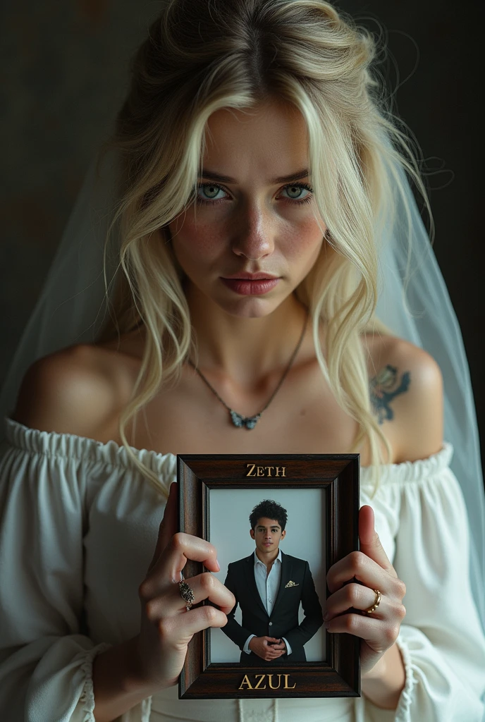 Generate me a photo of a blonde, blue-eyed Argentinian girl with noticeable tears in her eyes, a crying butterfly tattoo hugging a photograph showing a white-skinned young man Jung Kook style hugging her. She dressed as a bride in the photo and he in an elegant suit at his wedding in the photo with the name Zeth and Azul engraved on the frame of the picture.