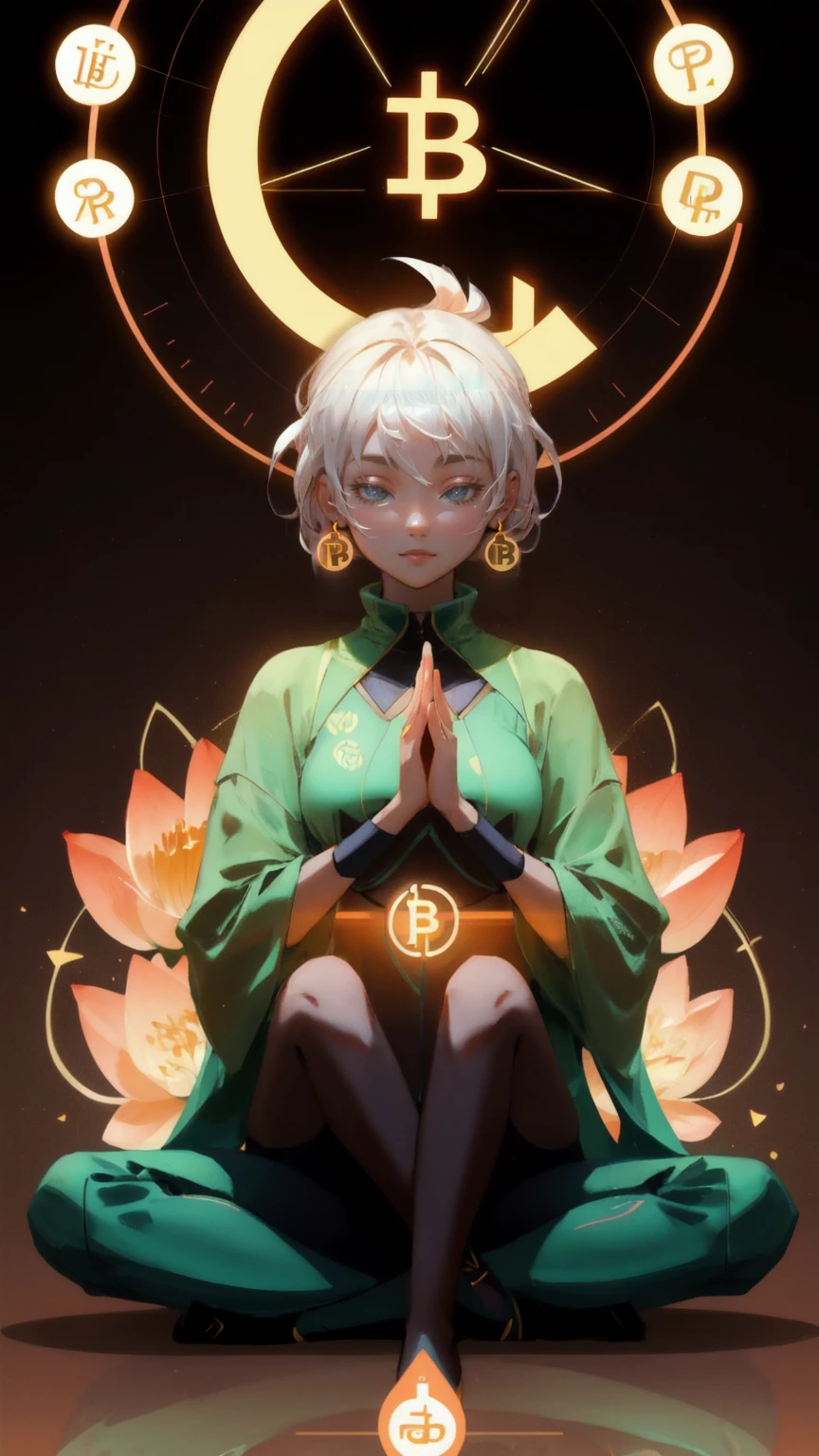 Create an image of a futuristic figure practicing yoga in the lotus position, set against a brown background that represents stability and grounding. The figure should be surrounded by glowing, interconnected cryptocurrency symbols like Bitcoin and other DeFi tokens, giving the impression of meditative focus on financial growth. The figure’s hands should rest on their knees with palms facing upwards, fingers forming a mudra (thumb and index finger touching) to symbolize openness and connection