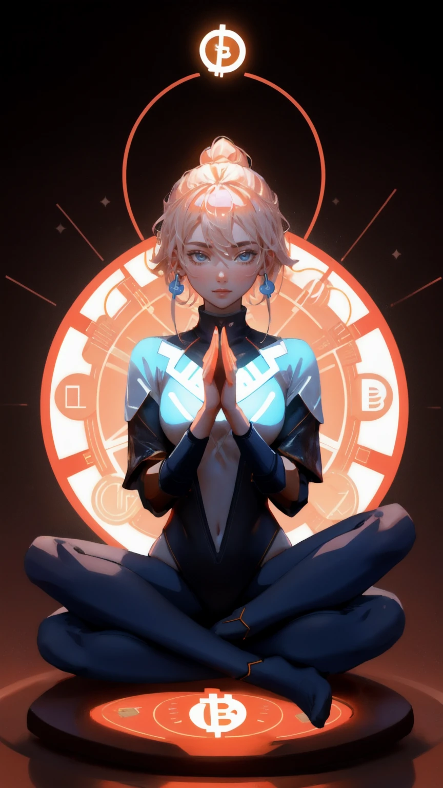 Create an image of a futuristic figure practicing yoga in the lotus position, set against a brown background that represents stability and grounding. The figure should be surrounded by glowing, interconnected cryptocurrency symbols like Bitcoin and other DeFi tokens, giving the impression of meditative focus on financial growth. The figure’s hands should rest on their knees with palms facing upwards, fingers forming a mudra (thumb and index finger touching) to symbolize openness and connection