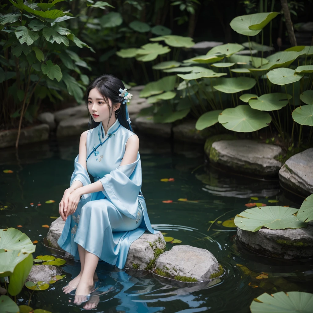 There is a blue skirt, 16 Long Legs, A woman sitting on a rock in the water, Standing gracefully on the lotus, Ethereal Beauty, Wearing blue cheongsam, court, Girl wearing Hanfu, Wearing blue cheongsam, Full of fairy atmosphere, In the pond, White Hanfu, A stunning young ethereal figure, floating dress, Light Blue, hair behind ear