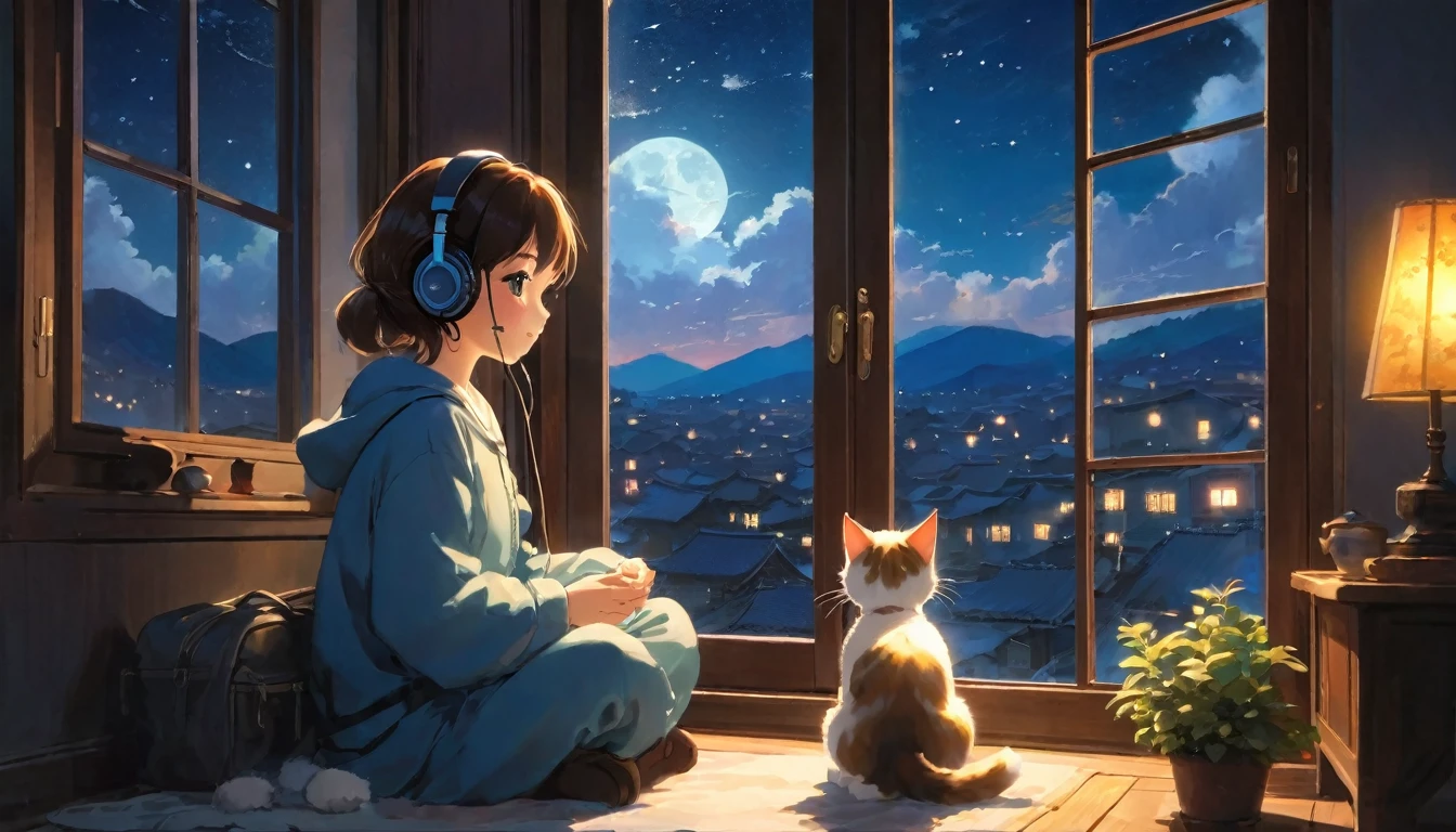 The style of Ghibli animation，The night sky appears deep and calm，The clouds are very thick，The moonlight shines through the gaps in the clouds，Appear soft and warm。A girl，Sitting by the window，Wearing headphones，There is a cute kitten next to it，His eyes were staring into the distance，My thoughts wander in the cold night of Beginning of Winter，There is a touch of tranquility and warmth on the face。(best quality,4K,8k,High resolution,masterpiece:1.2),Extremely detailed.