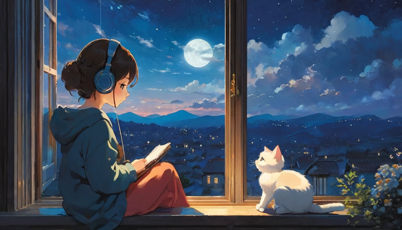 The style of Ghibli animation,The night sky appears deep and calm,The clouds are very thick,The moonlight shines through the gaps in the clouds,Appear soft and warm。A girl,Sitting by the window,Wearing headphones,There is a cute kitten next to it,His eyes were staring into the distance,My thoughts wander in the cold night of Beginning of Winter,There is a touch of tranquility and warmth on the face。(best quality,4K,8k,High resolution,masterpiece:1.2),Extremely detailed.