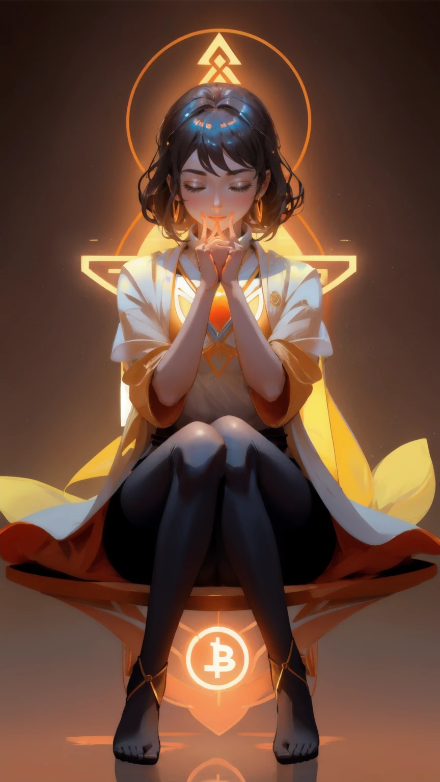 Create an image of a futuristic figure practicing yoga in the lotus position, with legs crossed and feet resting on opposite thighs, set against a brown background that represents stability and grounding. The figure should be surrounded by glowing, interconnected cryptocurrency symbols like Bitcoin and other DeFi tokens, giving the impression of meditative focus on financial growth. The figure’s hands should rest on their knees with palms facing upwards, fingers forming a mudra (thumb and index finger touching) to symbolize openness and connection