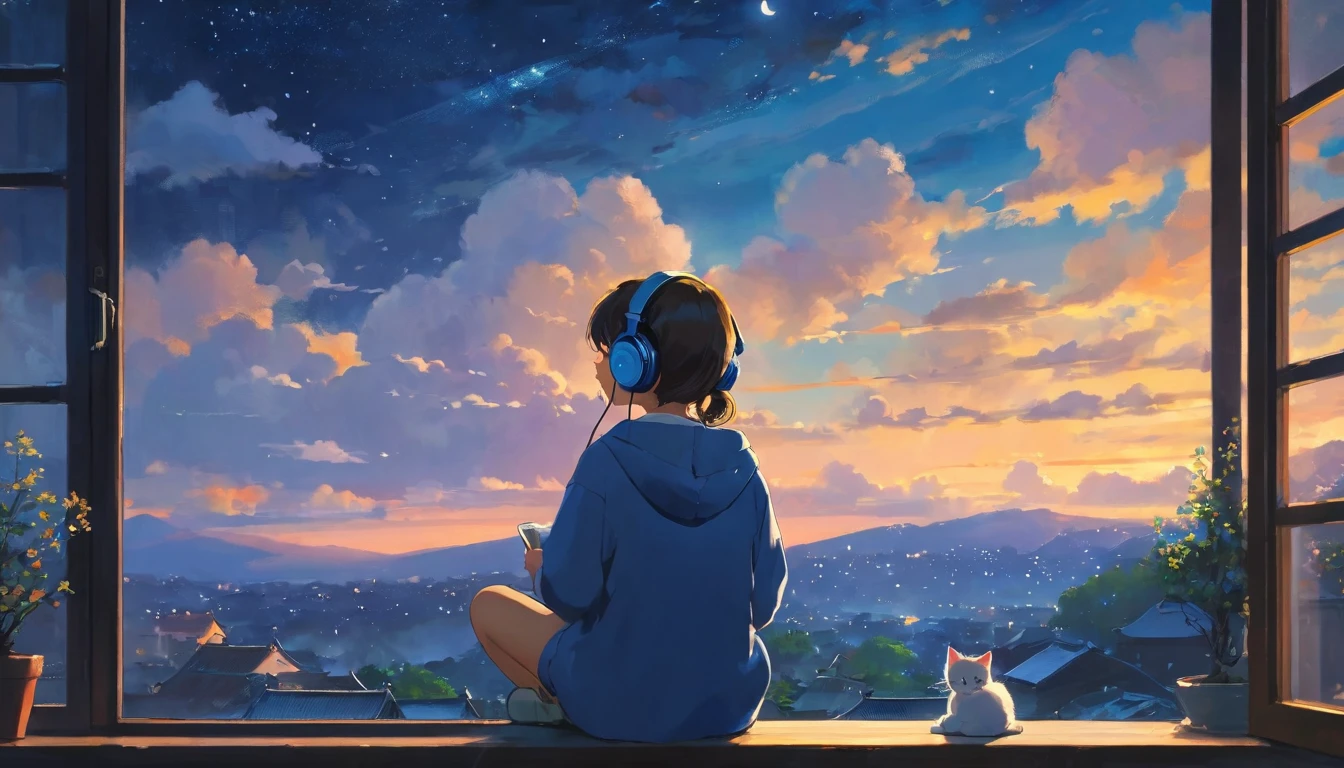 The style of Ghibli animation，The night sky appears deep and calm，The clouds are very thick，The moonlight shines through the gaps in the clouds，Appear soft and warm。A girl，Sitting by the window，Wearing headphones，There is a cute kitten next to it，His eyes were staring into the distance，My thoughts wander in the cold night of Beginning of Winter，There is a touch of tranquility and warmth on the face。(best quality,4K,8k,High resolution,masterpiece:1.2),Extremely detailed.