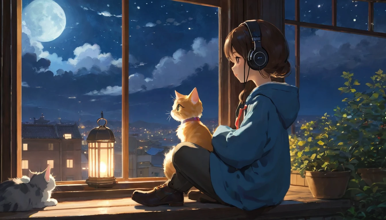 The style of Ghibli animation,The night sky appears deep and calm,The clouds are very thick,The moonlight shines through the gaps in the clouds,Appear soft and warm。A girl,Sitting by the window,Wearing headphones,There is a cute kitten next to it,His eyes were staring into the distance,My thoughts wander in the cold night of Beginning of Winter,There is a touch of tranquility and warmth on the face。(best quality,4K,8k,High resolution,masterpiece:1.2),Extremely detailed.