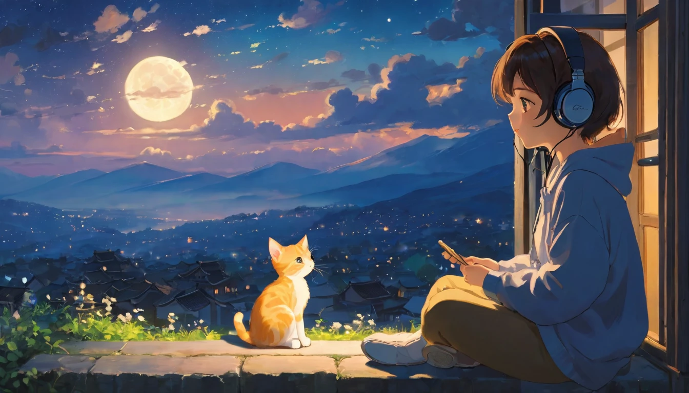 The style of Ghibli animation，The night sky appears deep and calm，The clouds are very thick，The moonlight shines through the gaps in the clouds，Appear soft and warm。A girl，Sitting by the window，Wearing headphones，There is a cute kitten next to it，His eyes were staring into the distance，My thoughts wander in the cold night of Beginning of Winter，There is a touch of tranquility and warmth on the face。(best quality,4K,8k,High resolution,masterpiece:1.2),Extremely detailed.