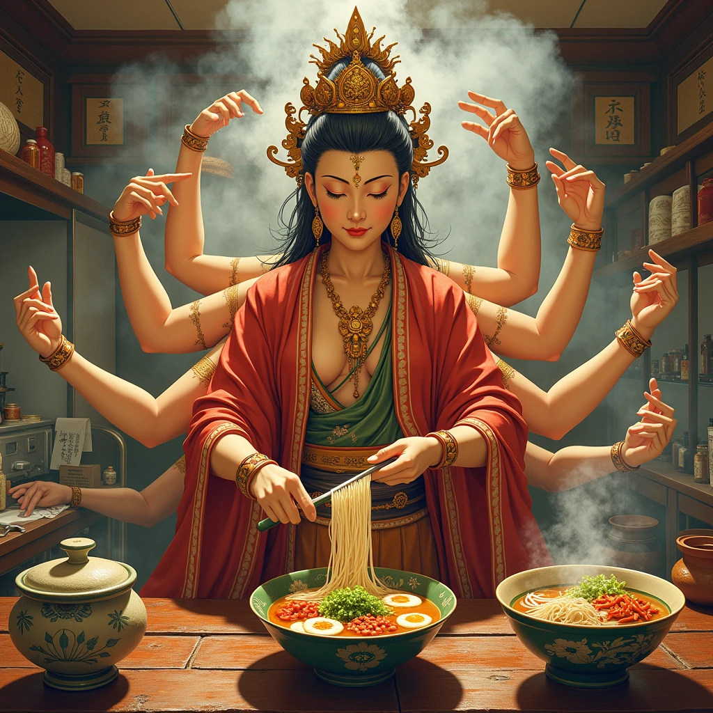 a highly detailed, hyper-realistic, studio-quality digital painting of a thousand-armed Kannon bodhisattva working in the kitchen of a ramen shop, finely chopping green onions while simultaneously straining noodles and arranging toppings, ornate and intricate details, warm lighting, vibrant colors, photorealistic, 8K, masterpiece
