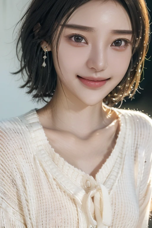 (2 Japanese girl,), (Small breasts:1.5,),(solo,,Textured skin, Detailed skin,Detailed face,Detailed eyes,detailed posing,Natural eyebrows,Sparkling Eyes,High detail, Highest quality, Super detailed, Surrealism, ,8k,RAW Photos,Photographicism,Professional Lighting,Portrait Photography,Soft Light),((Black Hair, Natural Makeup,Simple earrings, Bob Hair,ribbon,smile)),(((Light white summer sweater,Her underwear is visible)))