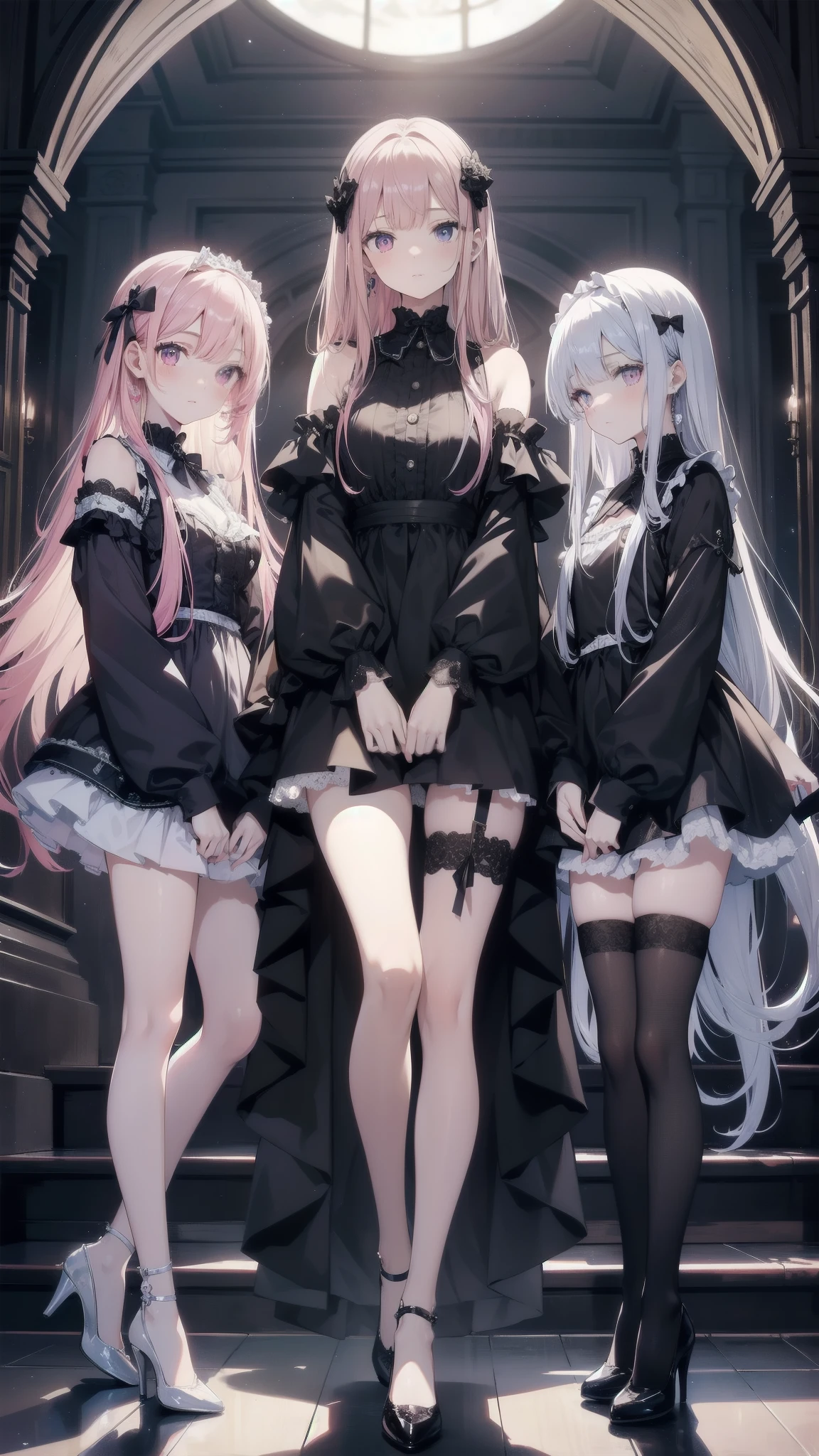 Masterpiece Top Quality
Three Girls Adorned in Delicate Dresses,Their faces showed disgust and contempt, Akin to the Squid Game Characters
1. With Straight Long Hair, their Eyes Wide and Full of Trepidation, Pale as the Moon
2. A Young Adscent, possibly , resembling Chiquita
3. A Matured Girl, perhaps , exuding an Alluring Gaze
The girls stand at the foot of a grand staircase, their eyes fixed on the Shiny Pink World above, a Dreamland, adorned with Ribbons,open legs