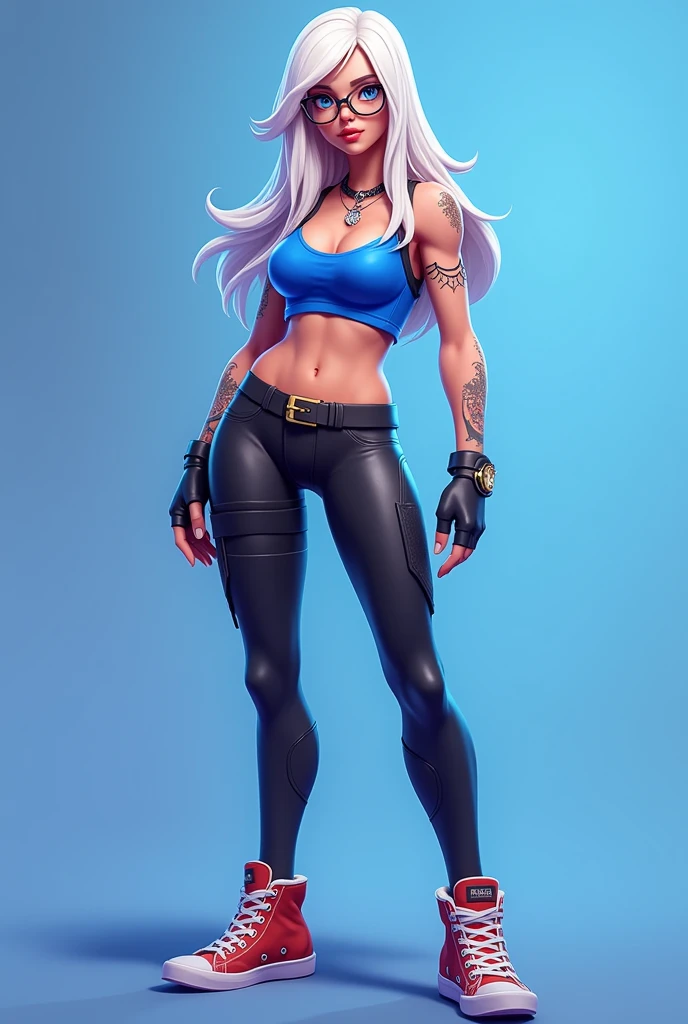 fortnite style girl, long white hair, Broad Hips, blue colored eyes, Wearing allstar sneakers, glasses, sexy cobalt blue top black leggings full body
