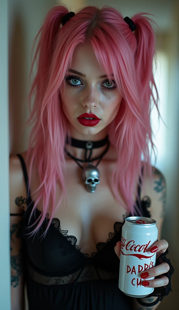 (best quality, ultra-detailed, photorealistic: 1.6), An cinematic photo an goth girl with bright and vibrant colors, studio lighting, romantic expression, with a delicate and beautiful face. Beautiful Teen gothic girl with her with long pink hair matches the gothic makeup, (Skinny anorexic body:1.9), long skinny legs, small tits, (flat chested),  her ice blue eyes and mischievous black parted lips, with small seductive breasts, cleavage, Punk-style Gothic dark pink hair, skull necklace, Big beautiful eyes, bright ice white eyes, sparkeling white blue eyes, dark goth make up, super long eye lashes , goth. She have a horny face, Pink red Lipstic, ( she is holdling an White Coca cola can with the TEXT " CocaCola  Daddys CUM"), White Cola can; beige white cocacola can,  white translucent goo slime is dripping from here mouth, and dripping down och the white cocacola can, translucent liquid dripping down, the can is wet and with lots of white tranlusent goo,   like a manwha character, chain details,, walking in leaning pose in the apartment hallway, seductive cleavage, photorealitic, fully body, like a manwha character