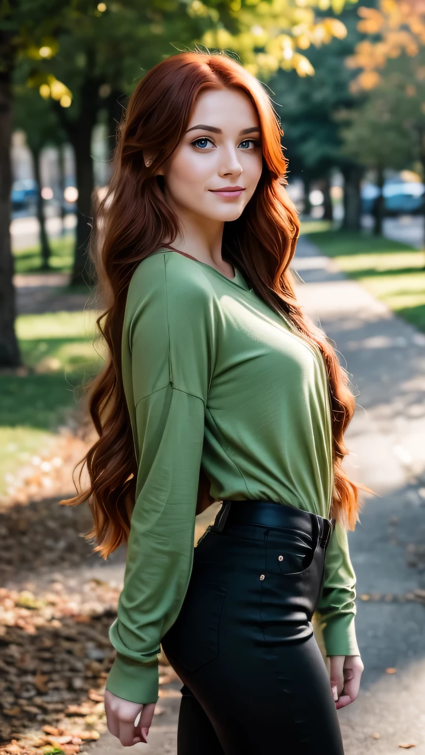 Realistic full body photo of a smiling, Young red-haired girl with long hair, She dances in front of the camera in a long green shirt and tight black pants., Park,glamour fotoshooting, Park, perfect anatomy, perfect green eyes. Perfect hands with 5 fingers on each hand, Matching girl, looking at the camera, 1 Frau. (Eye make up:1.1), (highly detailed skin:1.1), spirit, analog style, keen focus, 8K  UHD, dslr, good quality, Fujifilm XT3, Grain, Award-winning, ​masterpiece. Park