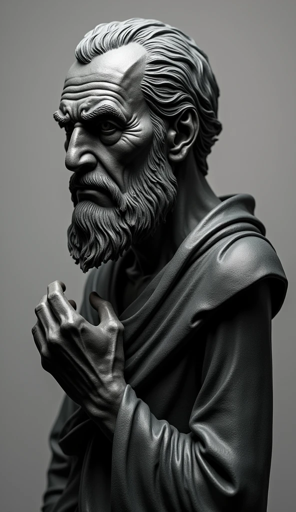 Philosopher's sculpture with a stern face and sharp features. Make the theme black and white , make it vibrant and hyper realistic.