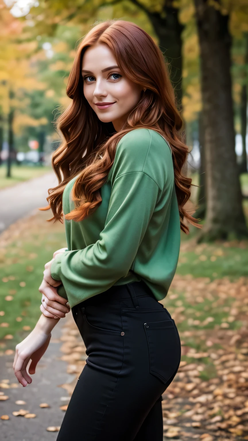 Realistic full body photo of a smiling, Young red-haired girl with long hair, She dances in front of the camera in a long green shirt and tight black pants., Park,glamour fotoshooting, Park, perfect anatomy, perfect green eyes. Perfect hands with 5 fingers on each hand, Matching girl, looking at the camera, 1 Frau. (Eye make up:1.1), (highly detailed skin:1.1), spirit, analog style, keen focus, 8K  UHD, dslr, good quality, Fujifilm XT3, Grain, Award-winning, ​masterpiece. Park