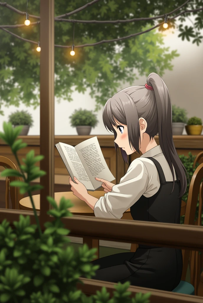 anime girl sitting in a chair reading a book in a garden, (ponytail forehead hair pulled back:1.3), (black hair:1.3), sitting in a cafe alone, mysterious coffee shop, sitting alone in a cafe, relaxing concept art, anime style, from girls frontline, fine details. girls frontline, girls frontline universe, girls frontline style, girls frontline, girls frontline cg, soft anime illustration, 2 0 2 2 anime style, 2022 anime style, pixiv contest winner, pretty anime character design, render of april