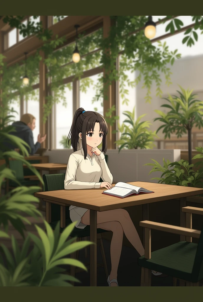 anime girl sitting in a chair reading a book in a garden, (ponytail forehead hair pulled back:1.3), (black hair:1.3), sitting in a cafe alone, mysterious coffee shop, sitting alone in a cafe, relaxing concept art, anime style, from girls frontline, fine details. girls frontline, girls frontline universe, girls frontline style, girls frontline, girls frontline cg, soft anime illustration, 2 0 2 2 anime style, 2022 anime style, pixiv contest winner, pretty anime character design, render of april