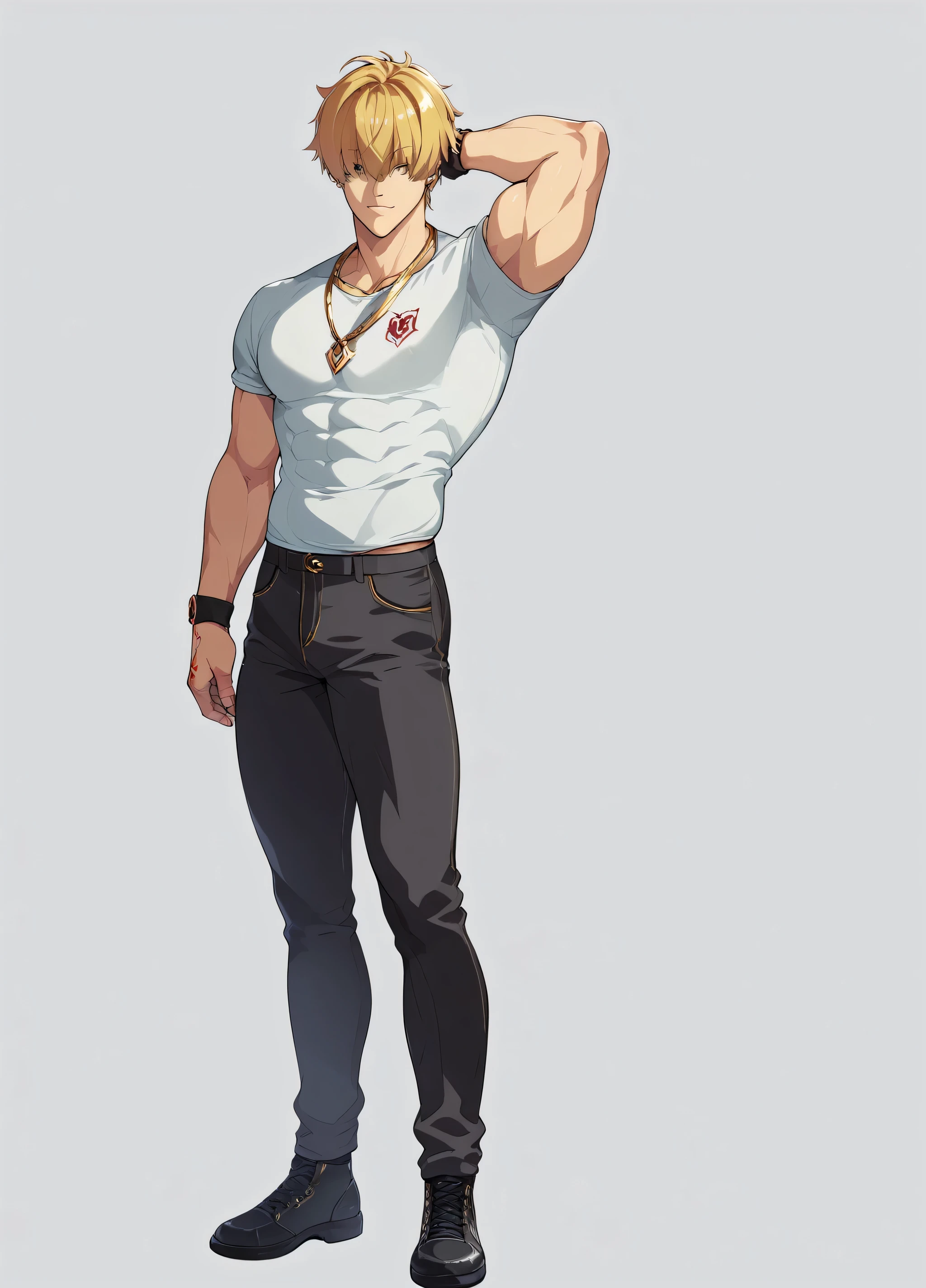 blonde、Detailed illustrations、Ultra-precise expression、masterpiece、Highest quality、ultra High resolution、High resolution、Hiromitsu Takeda Style、White Background、Simple Background、stand、whole body、1 young man、Hair above the eyes、alone、bad looking、Black Hair、Muscular、stand、White clothes、Black trousers、Gold Necklace、Black shoes、Red spots on the back of the right hand、Place one arm behind your head、
