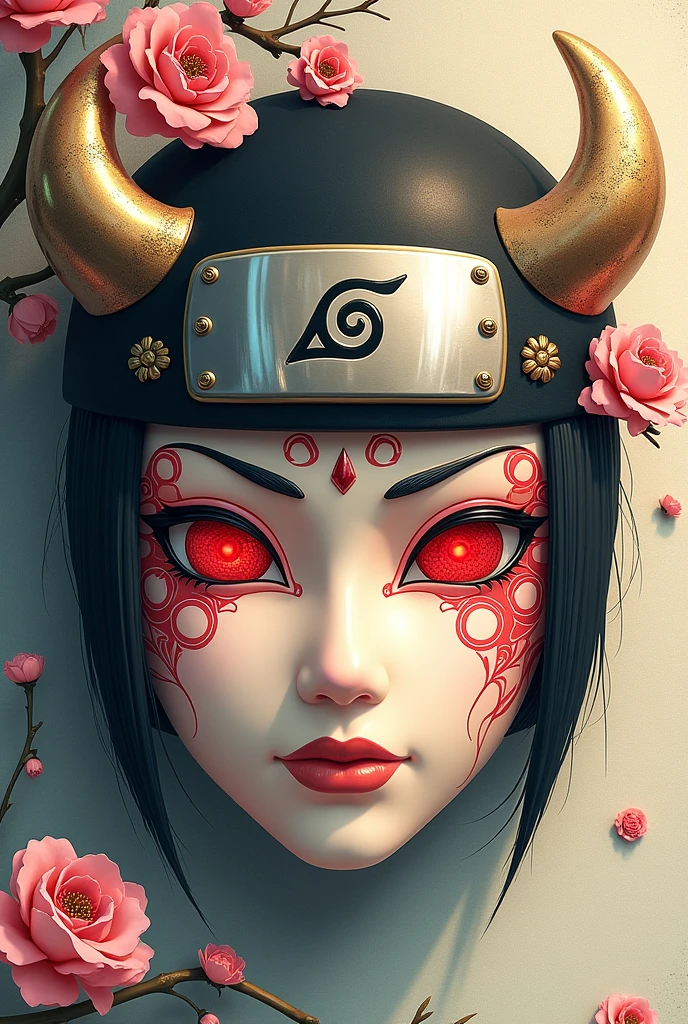 A Japanese Ori mask in manga style that has the Rinnegan from Naruto in one eye and the Sharingan from Naruto Shippuden in the other.