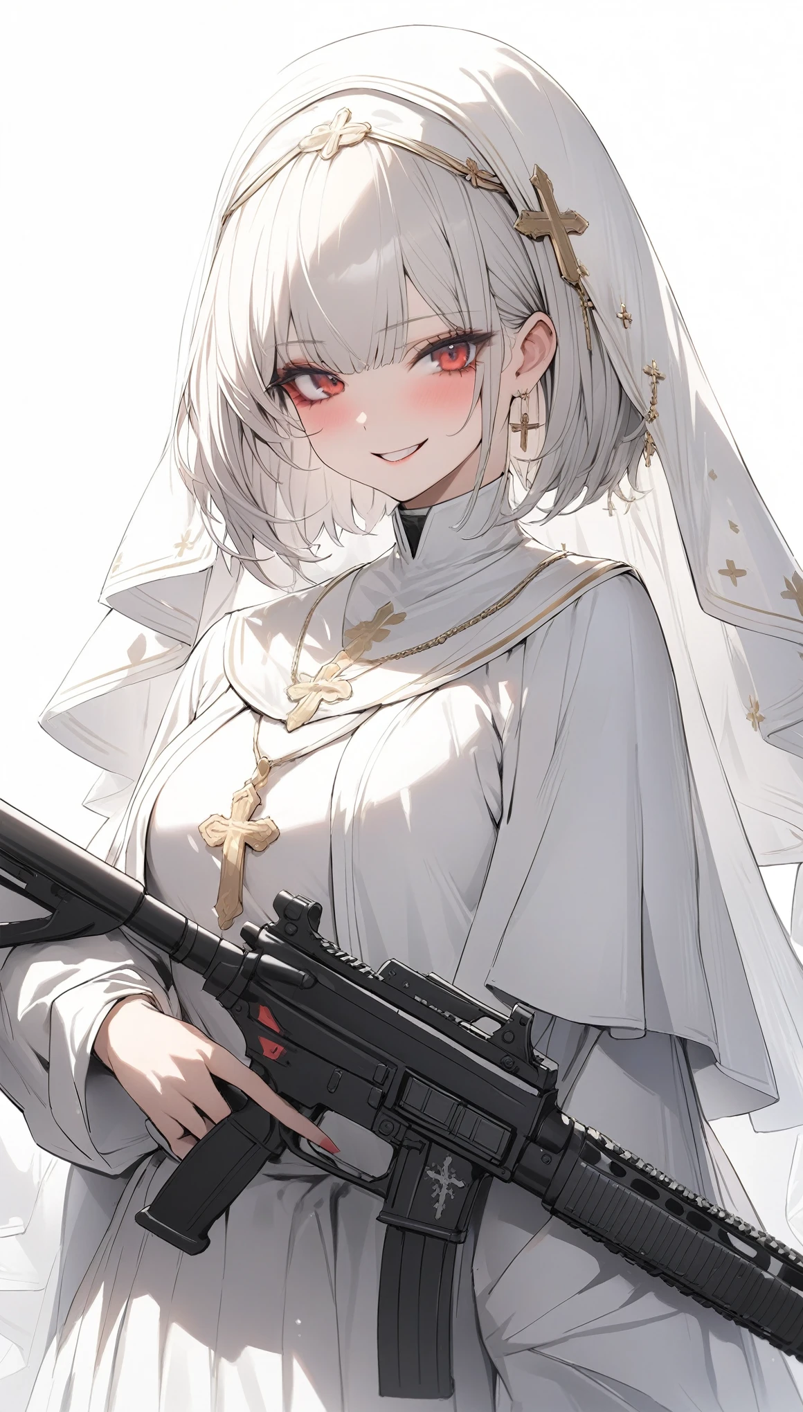 {{masterpiece}}, The best quality of life, 超High resolution, Attention to detail, high quality, High resolution, 最high quality, 4K, 8k,Attention to detail,((Silver fluffy short cut))) 、One person, 1 female、Perfect proportions,((perfect red eyes、Exquisite makeup)) ,((White background))、(((Sister、The Scapular、Monastic uniform、White Veil))A nasty smile、Cowboy Shot、Watching Me、Holding an assault rifle、assault rifle