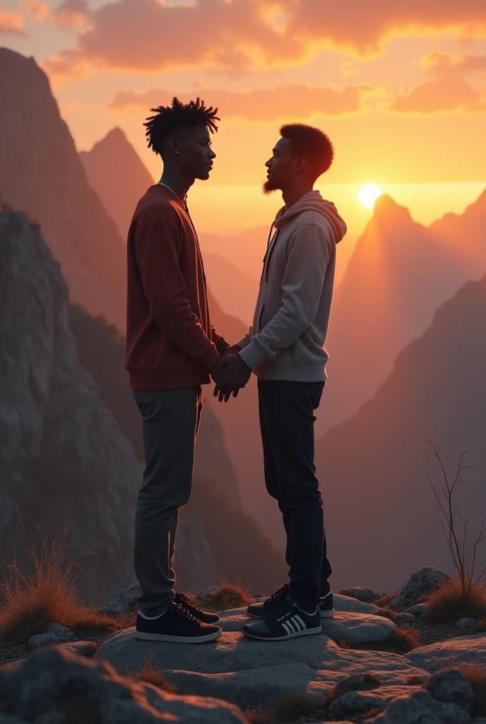 A young black man holding his boyfriend's hand on a rocky mountain at sunset
