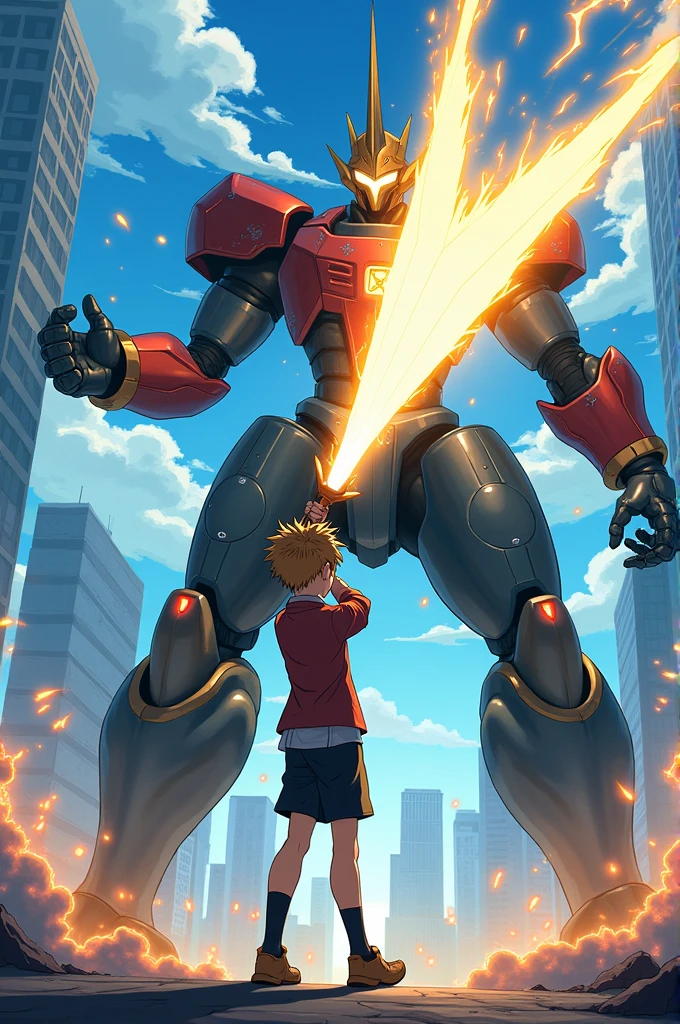Arthur a school student uses his excalibur and reflects one of the energy blasts of a robot. In anime style.