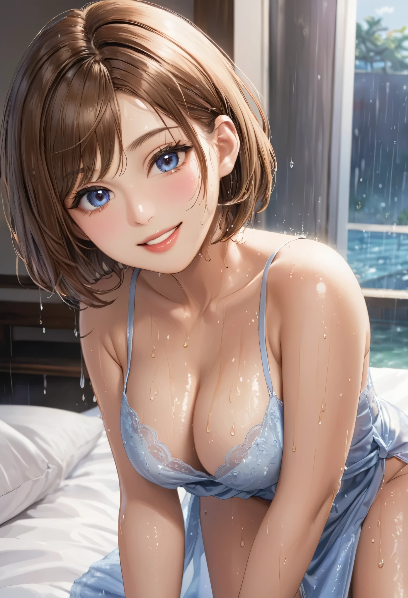 (Highest quality, masterpiece: 1.3), : 1, sexy: 1.5, Bob Hair, Brown Hair: 1.3, (Wet body: 1.2), Nightgown, beautiful, Cleavage, Ultra detailed face, Detailed lips, Detailed eyes, double eyelid, sexy, smile, beautiful Legs