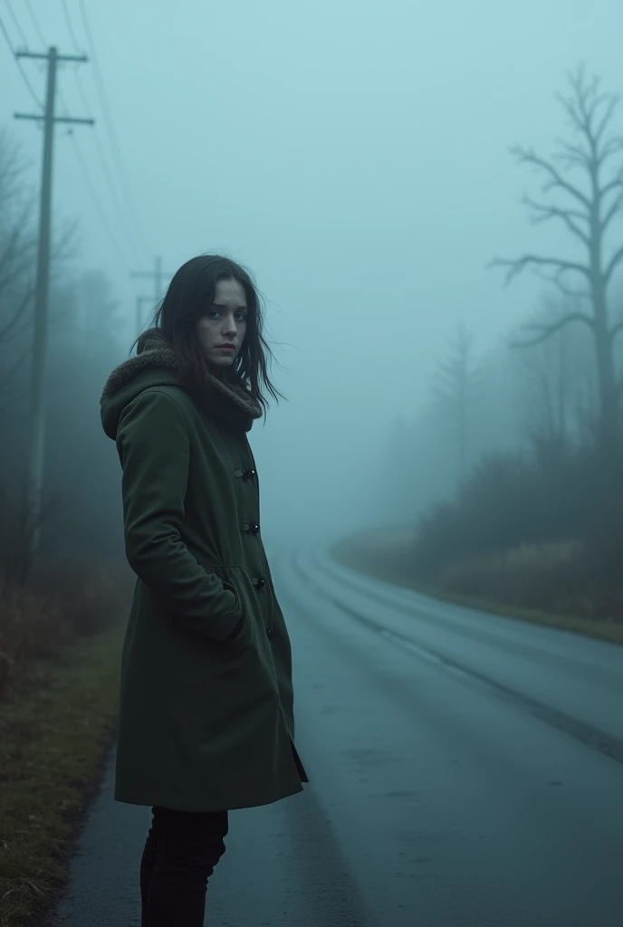 A woman waits for a rental car on the side of a foggy and spooky road