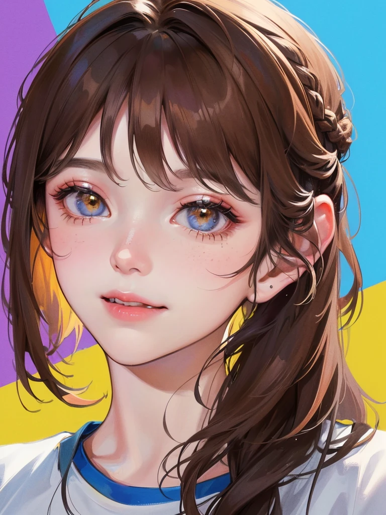 (((One woman)))、(Top resolution、Distinct_image) best qualtiy、(((Pop)))、1990's、((colorful backdrop))、((illuminating))、ighly detailed、Semi-realistic、Brown hair、((makeups)),Braided hairstyle、A smile、bangss、20yr old、young、((tshirts))、delicated facial features、Facial features、View from below