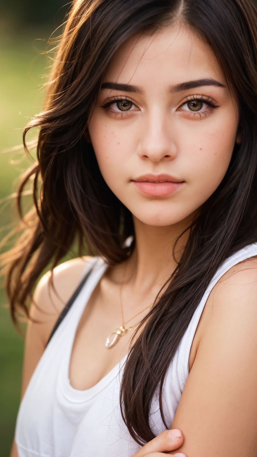 Close-up details, realistic style photo, tifa, black hair, long hair, outstanding style, tall, cute, in her teens. Use soft lighting to cast gentle shadows on the subject, adding a touch of dimension to your images without compromising details,