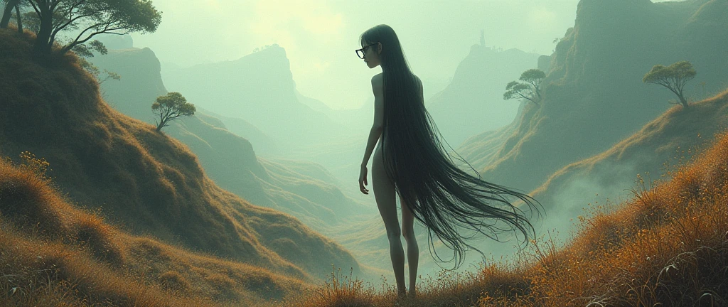 An ancient naked extraordinarily long red-haired, with her hair aflame, woman from a distant planet balanced gracefully on a cliff's edge. She found serenity in the universal language of yoga, bridging the cosmos with every breath. Het hair blowing in the violent wind.