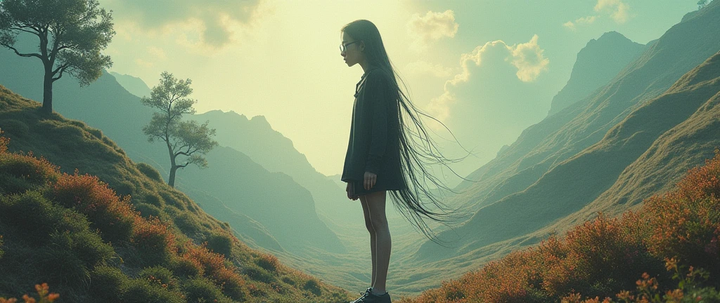 landscape feature, with long hair, glasses, skinny, high, recording turns, su debut album