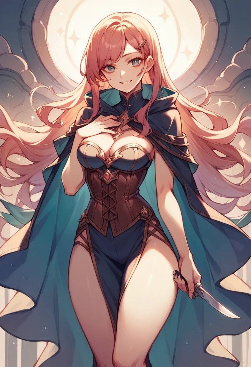 beautiful girl, long hair, hair clip. put your hands on your chest, cloak. thigh corset. side knife, gorgeous outfit. smile
