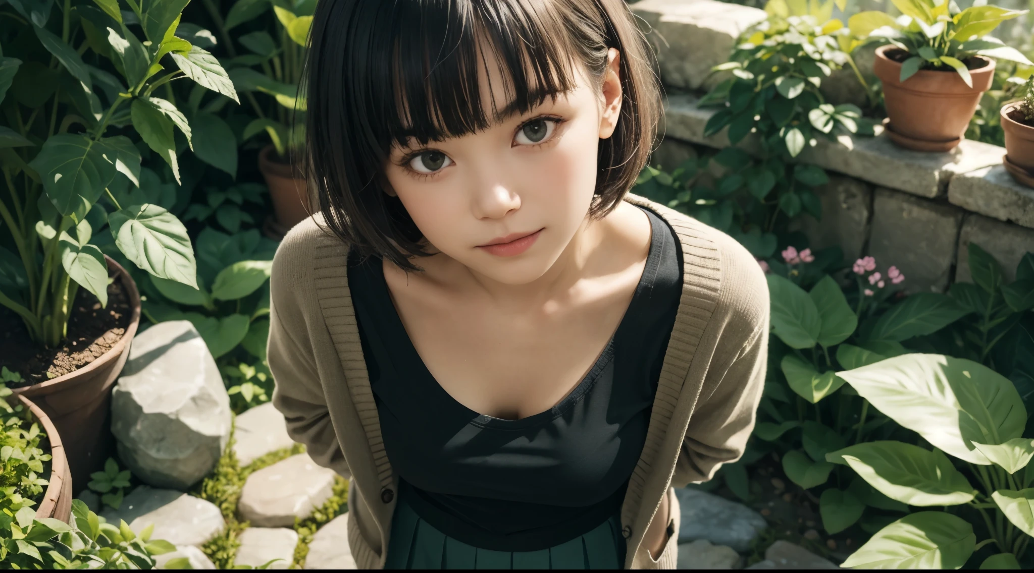 girl, (cute:1.8), standing, front view, (from above:0.7), pose with both hands and arms in the back, head tilt, detailed face, looking at viewer, short bob hair, flat bangs, fully open cardigan, long sleeves, (breasts:1.2), deep round neckline black t-shirt, pleated skirt, rock garden, surrounded by carefully arranged stones and lush greenery, succulents, mosses, and low-growing shrubs, soft natural lighting, gentle shadow, relaxed vibes, harmonious garden, close-up shot,