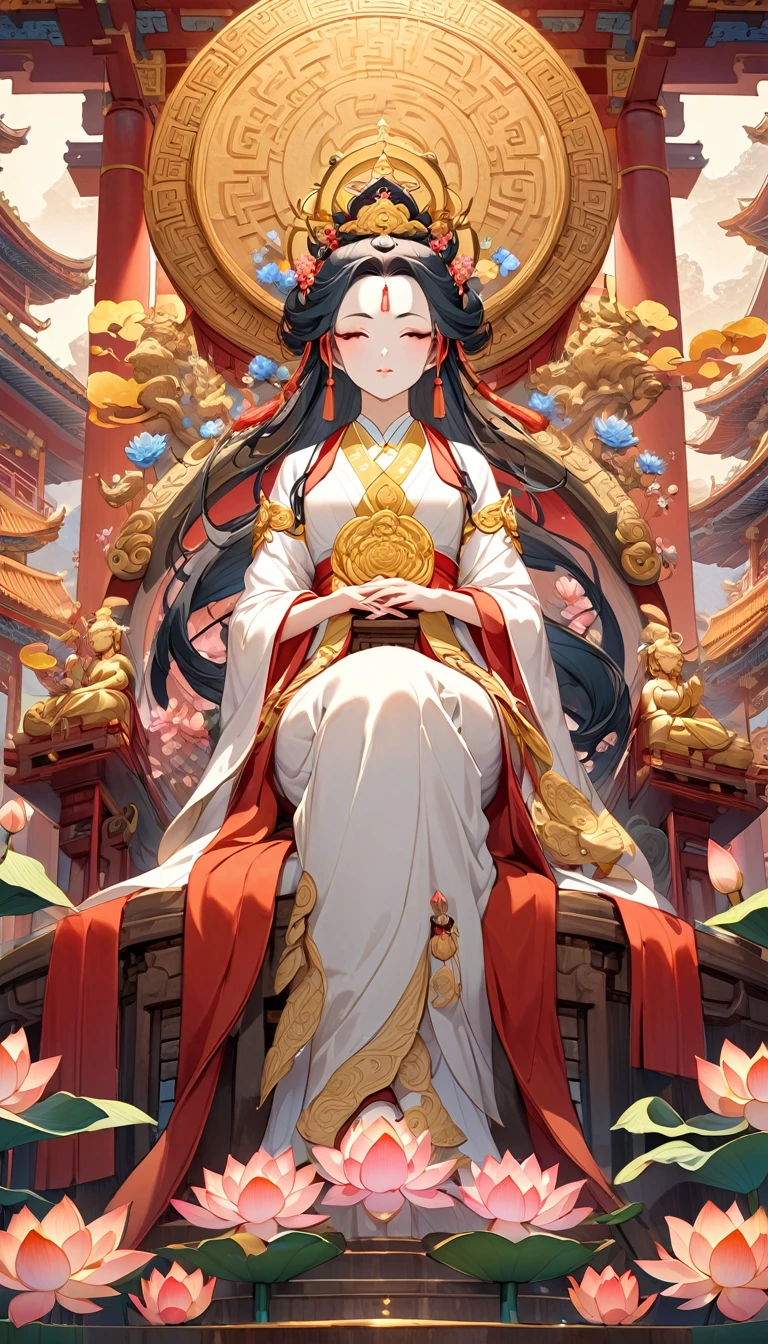 Create an image of Guanyin Bodhisattva in a traditional temple setting, with ornate architecture and vibrant colors. She is seated on a beautifully decorated lotus throne, surrounded by intricate carvings and traditional symbols. The temple’s golden accents and detailed artwork should complement her serene and graceful presence