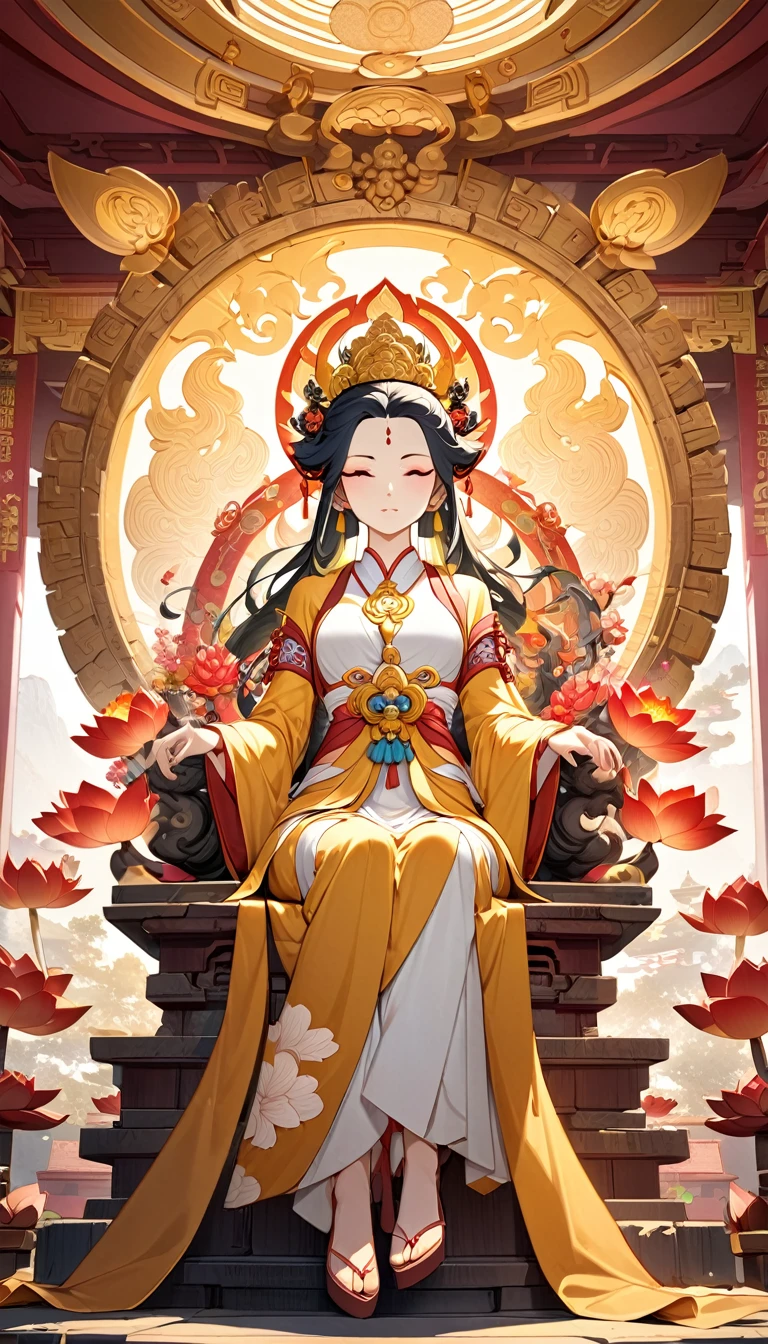 Create an image of Guanyin Bodhisattva in a traditional temple setting, with ornate architecture and vibrant colors. She is seated on a beautifully decorated lotus throne, surrounded by intricate carvings and traditional symbols. The temple’s golden accents and detailed artwork should complement her serene and graceful presence