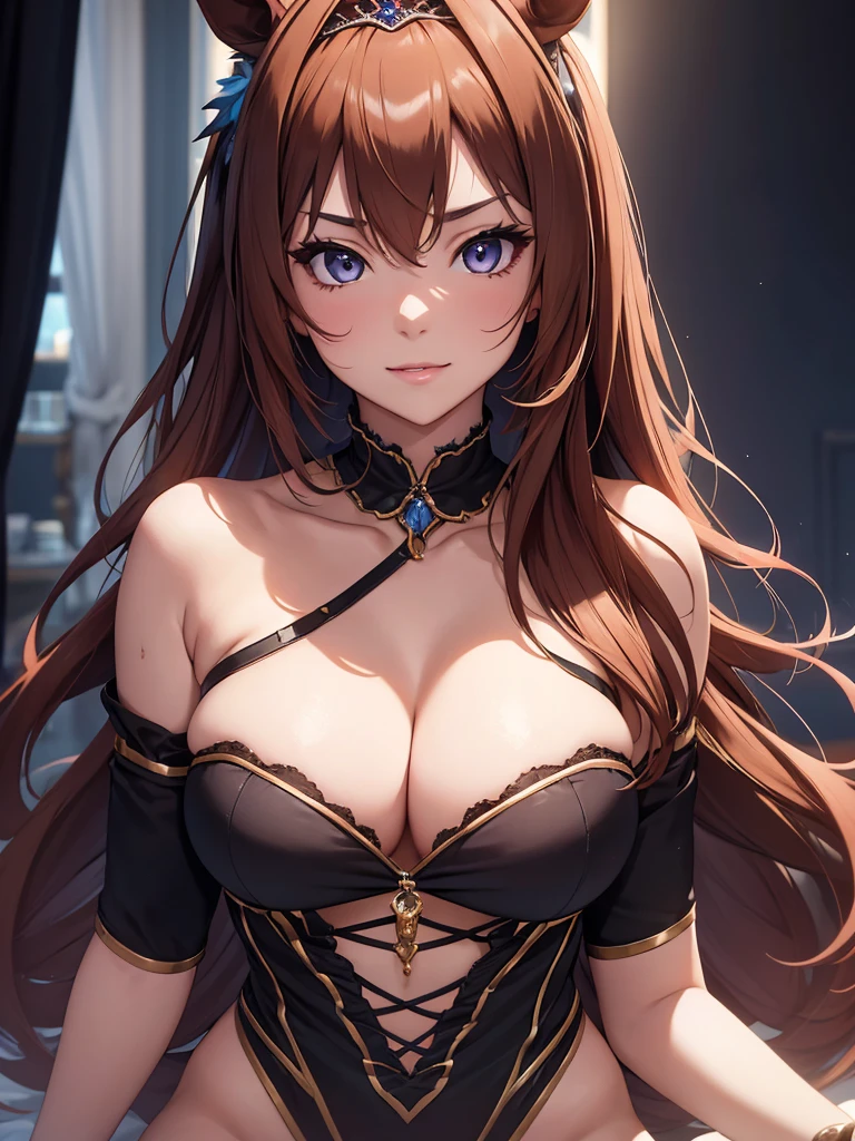 (masterpiece、top-quality、hight resolution、Unity 8k、extremely details CG:1,Best Picture), daiwa scarlet(umamusume), animal ears, brown hair, horse girl, ((Tiara)), "A famous porn star in a private setting, not on a film set, but in a luxurious apartment. She is dressed elegantly in a revealing yet tasteful outfit, exuding a seductive charm. The lighting is soft and intimate, highlighting her sultry gaze and confident smile as she leans in close, speaking in a low, enticing voice. There is no camera crew, no script—just a personal moment where she is using her allure to tempt and captivate, making it clear this is not part of her professional persona but a private, genuine seduction."