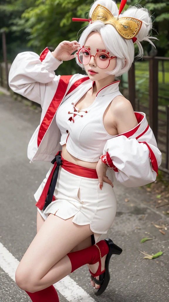 pure white hair、purah、red glasses, hair ornament, hair stick, red headband, white shirt, bare shoulders, white jacket, black skirt, orange leggings, high heels