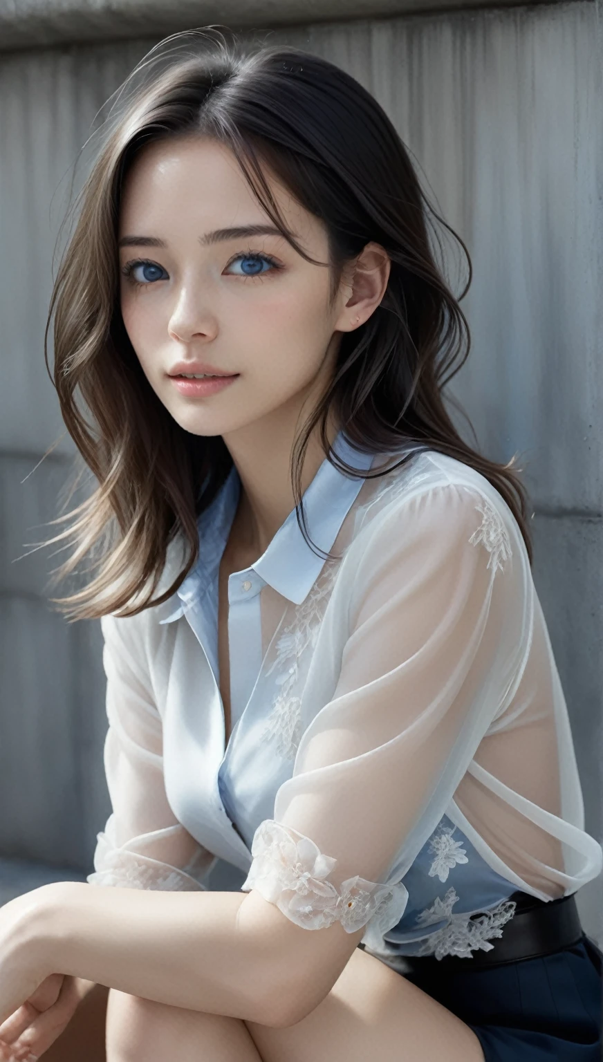 masterpiece, Highest quality, Realistic, Futuristic Fashion Art,
BlakeBeautiful young woman, ig model, April Rendering, (Wide-angle, Full Body Shot, Sitting on a block:1.6),
Breaking Bold Exposure, (Ultra Slim Waist, Firm medium-breasted, Medium sized butt, Beautiful sexy legs:1.2), Camel Toe, Creates a sculptural beauty, Beautiful white, silky skin, A slim and beautiful neck, Small Head,
Small Head, Detailed face, Cute and pretty slim face, Duck mouth, perfect beautiful teeth, Trimmed gray hair, blue eyes, Shining Eyes, The audience watching,
Layered with a sheer white organza blouse with elegant floral embroidery.
How to enhance your feminine charm、Choose a black lace skirt.
Accessorize subtly with a Blake silver chain bracelet and hoop earrings for an elegant look.
Black patent leather flats with clear PVC panels、Complete your elegant look。.
Breaking up a soft hairstyle, Elegant waves that give a light and airy impression.
Keep your makeup natural, Pink lipstick accentuates feminine charm.
Blake exudes confidence with a calm demeanor, Embodying the cheerful atmosphere of spring、It represents feminine street chic fashion.,
(Concrete, fog, haze, Realistic black Shadow:1.9)